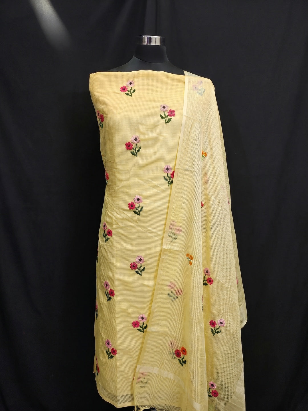 Yellow Floral Embroidered Kota Doria Dress Material - Image 1