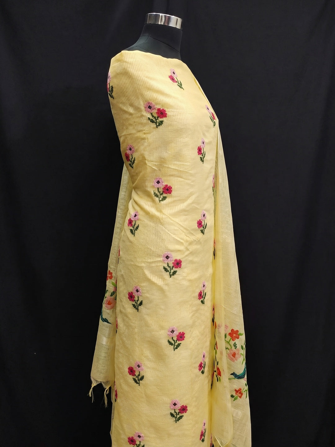 Yellow Floral Embroidered Kota Doria Dress Material - Image 3