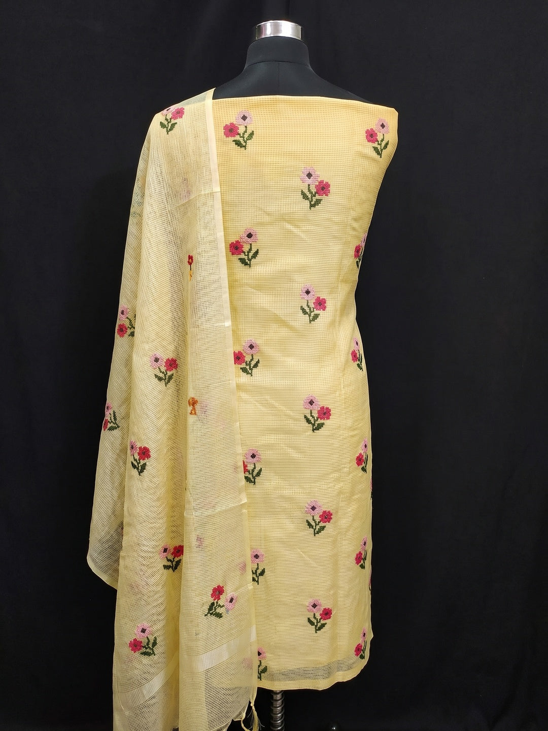 Yellow Floral Embroidered Kota Doria Dress Material - Image 2