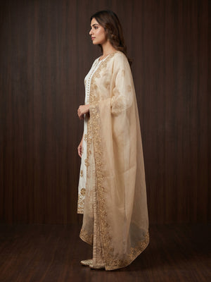 White Floral Embroidered Cotton Silk Dress Material - Image 1