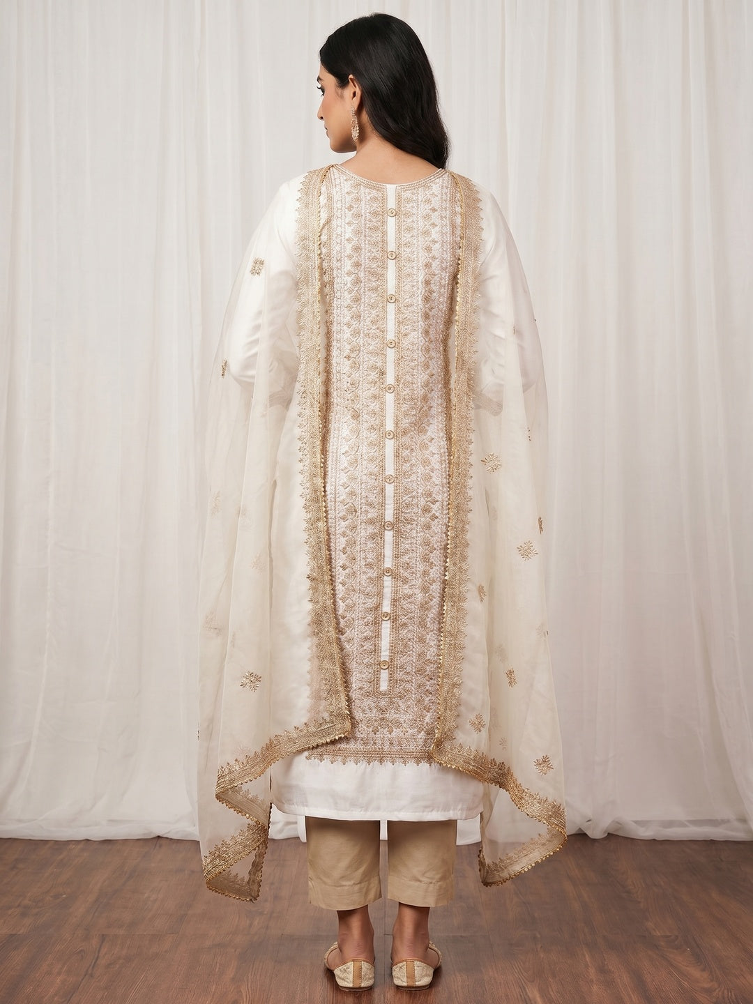 White Floral Embroidered Cotton Silk Dress Material - Image 2