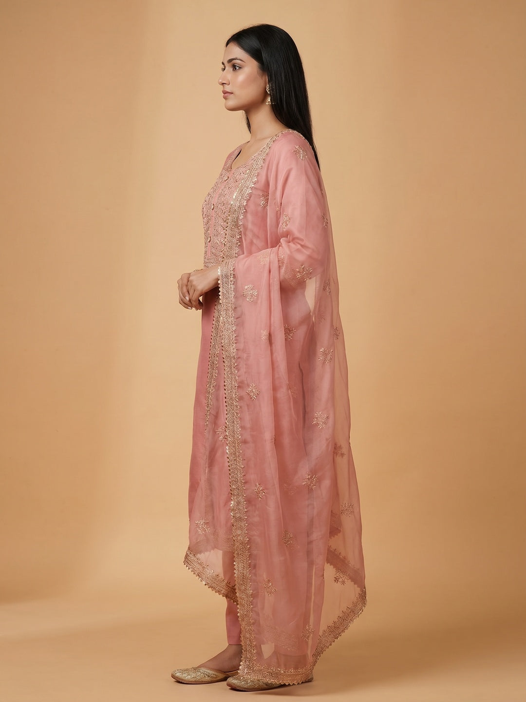 Peach Floral Embroidered Cotton Silk Dress Material - Image 1