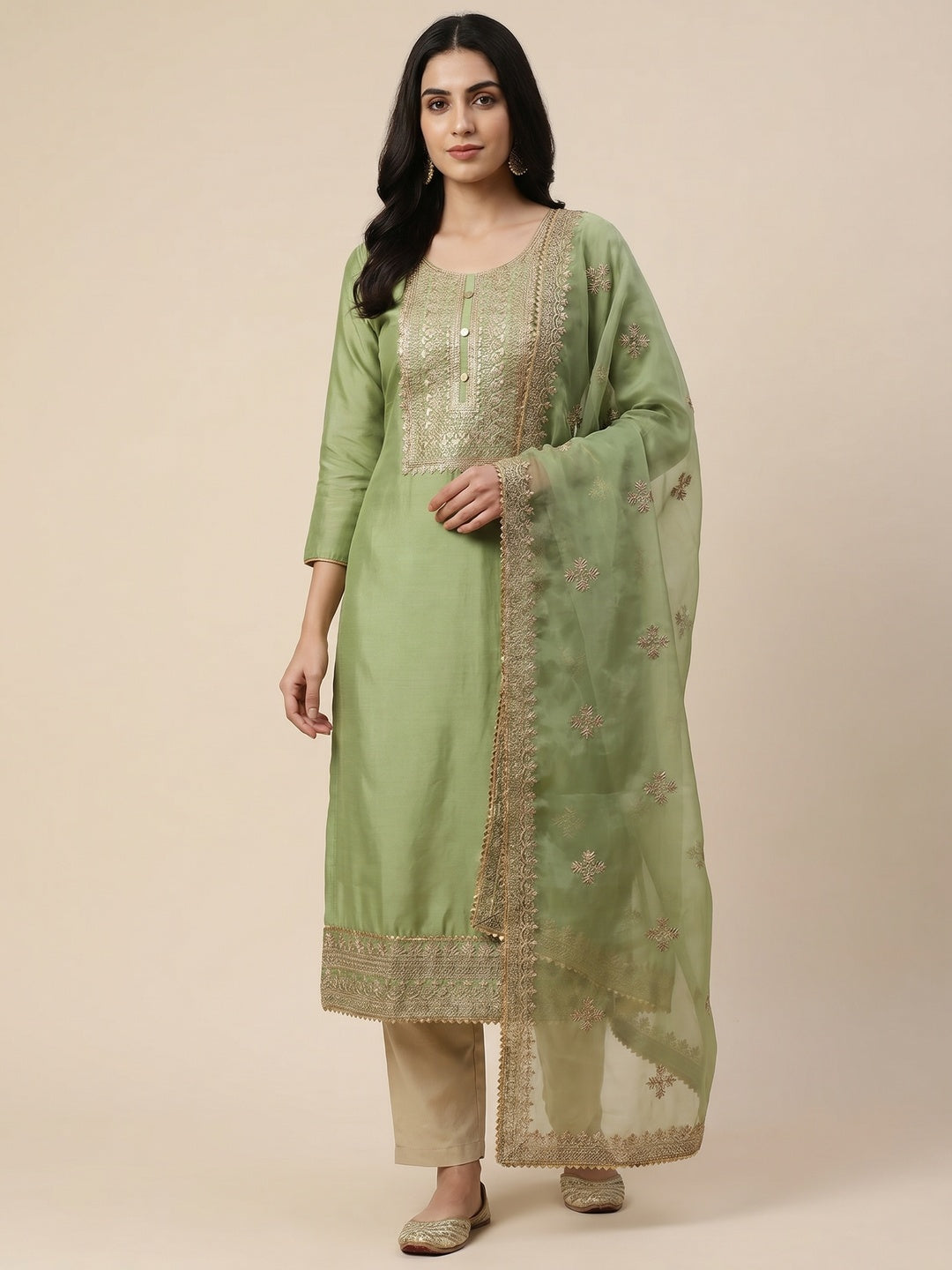 Green Floral Embroidered Cotton Silk Dress Material - Image 1