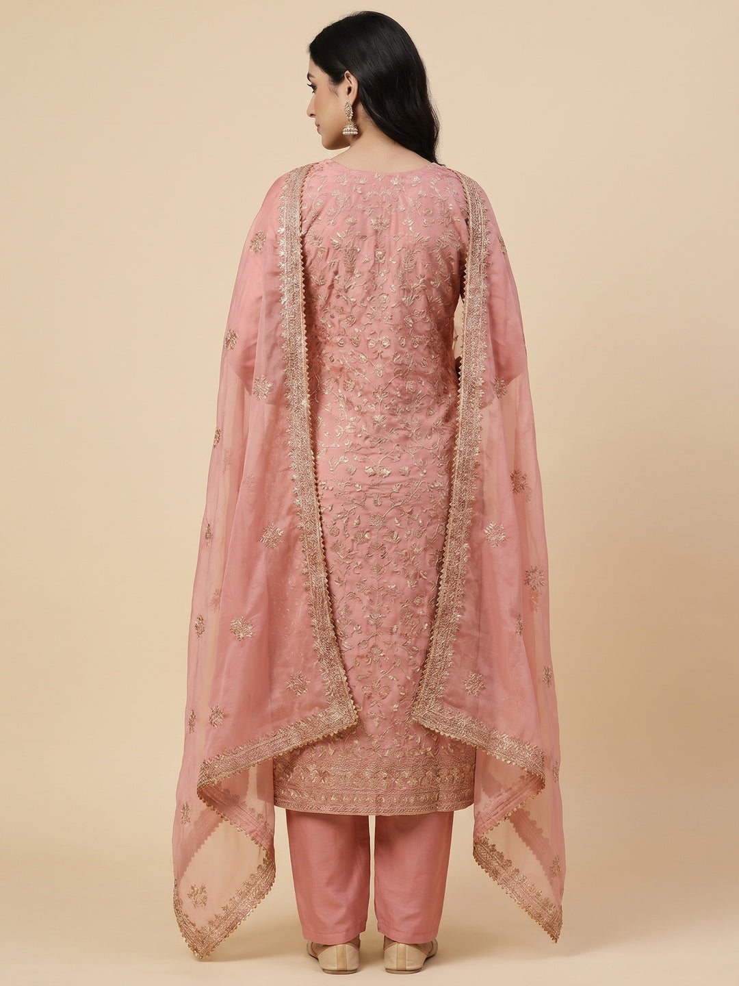 Peach Floral Embroidered Cotton Silk Dress Material - Image 2