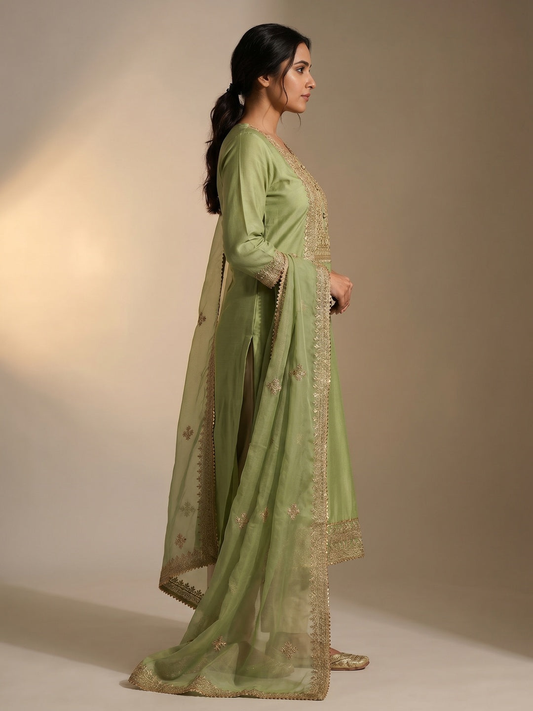 Green Floral Embroidered Cotton Silk Dress Material - Image 2