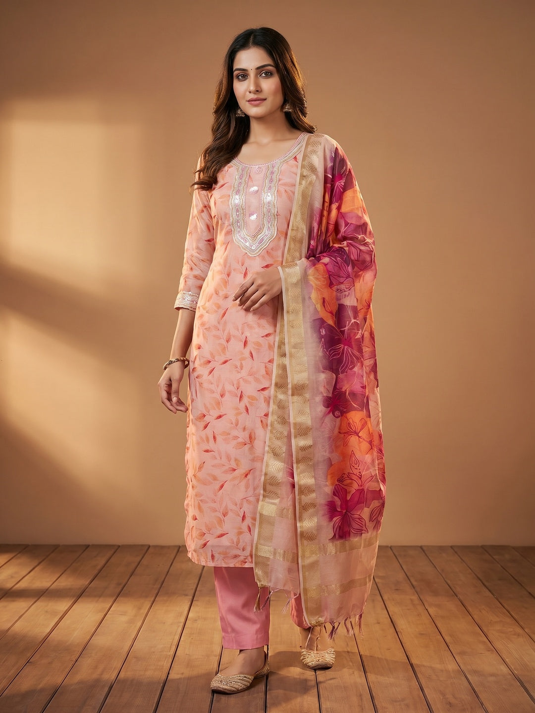 Peach Printed With Sequins Embroidered Chanderi Dress Material - Image 1