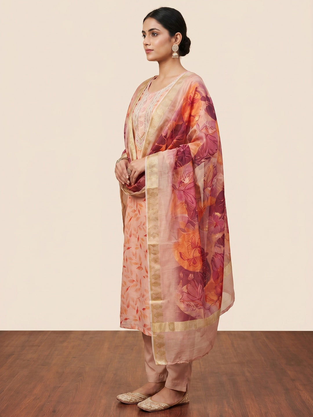 Peach Printed With Sequins Embroidered Chanderi Dress Material - Image 3