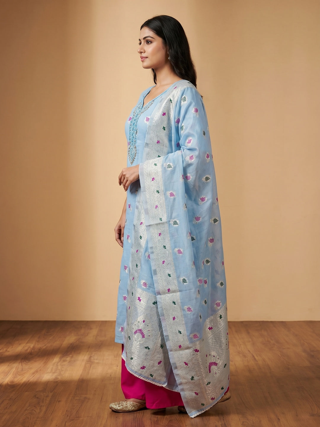 Blue Woven With Handwork Muslin Dress Material - Image 2