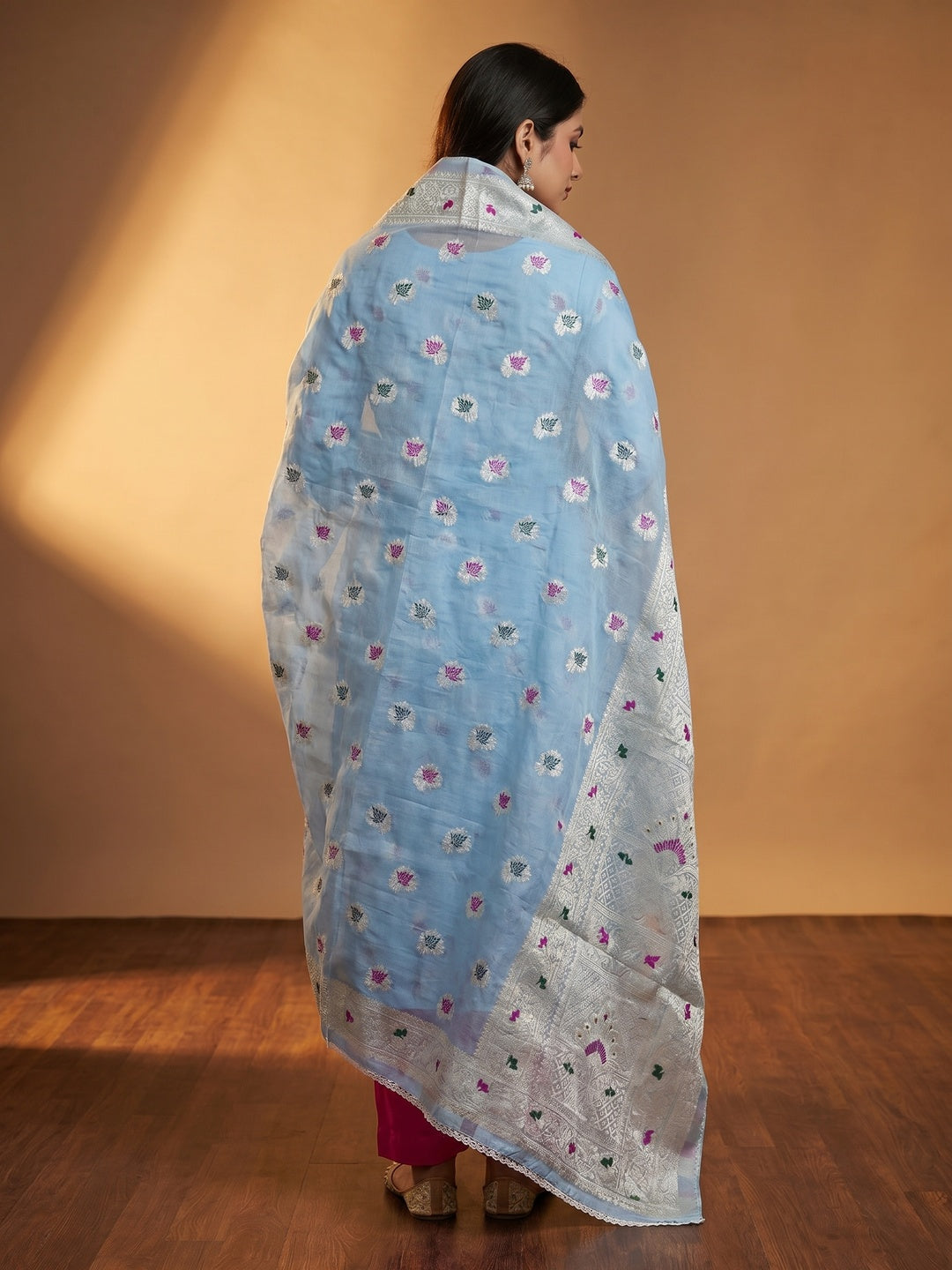 Blue Woven With Handwork Muslin Dress Material - Image 3