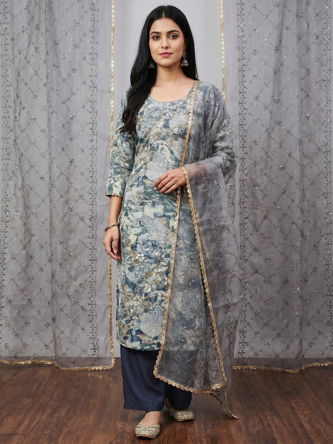 Blue Printed With Hand Embroidered Muslin Dress Material - Image 1