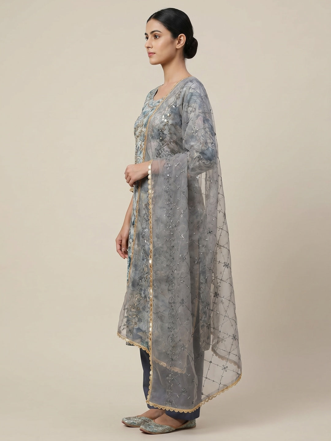 Blue Printed With Hand Embroidered Muslin Dress Material - Image 3