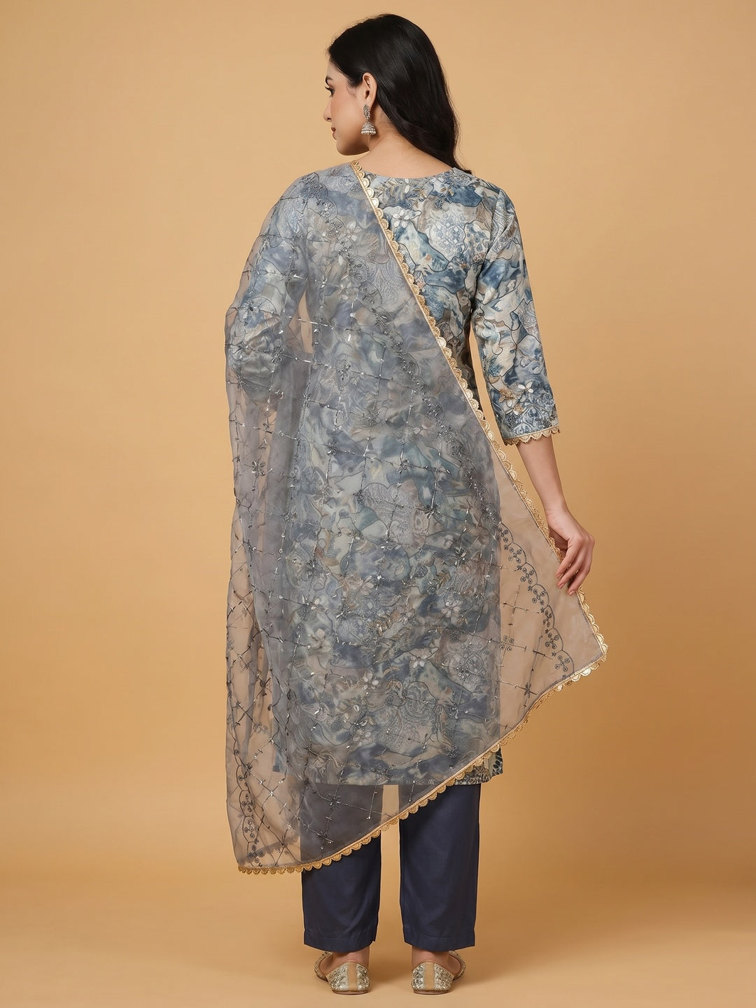 Blue Printed With Hand Embroidered Muslin Dress Material - Image 2