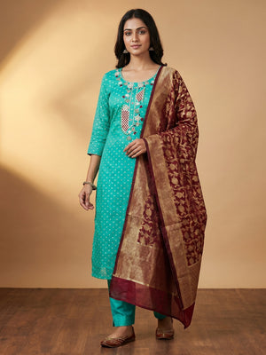 Turquoise Woven With Hand Embroidery Chanderi Dress Material - Image 1