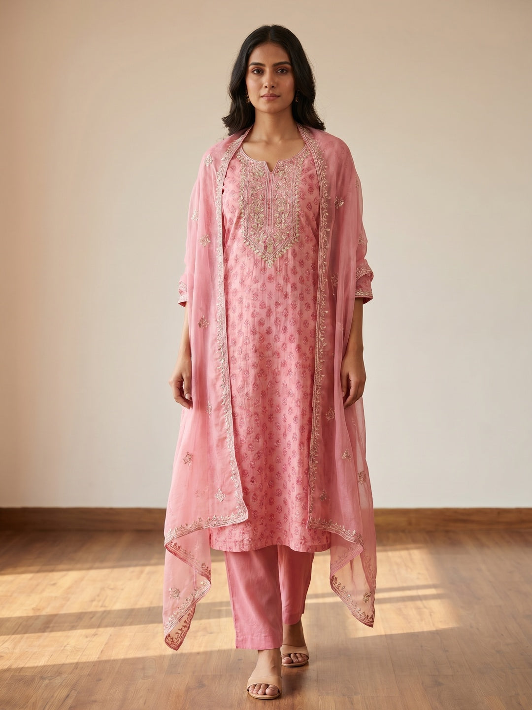Pink Printed With Hand Embroidered Muslin Dress Material - Image 1