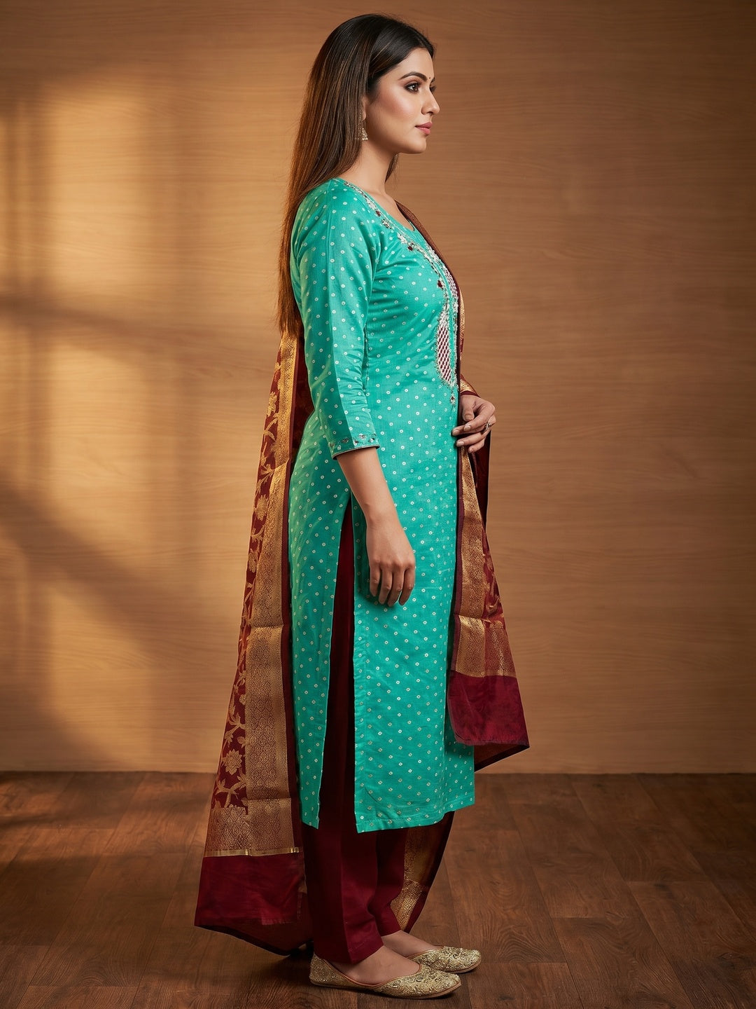 Turquoise Woven With Hand Embroidery Chanderi Dress Material - Image 2
