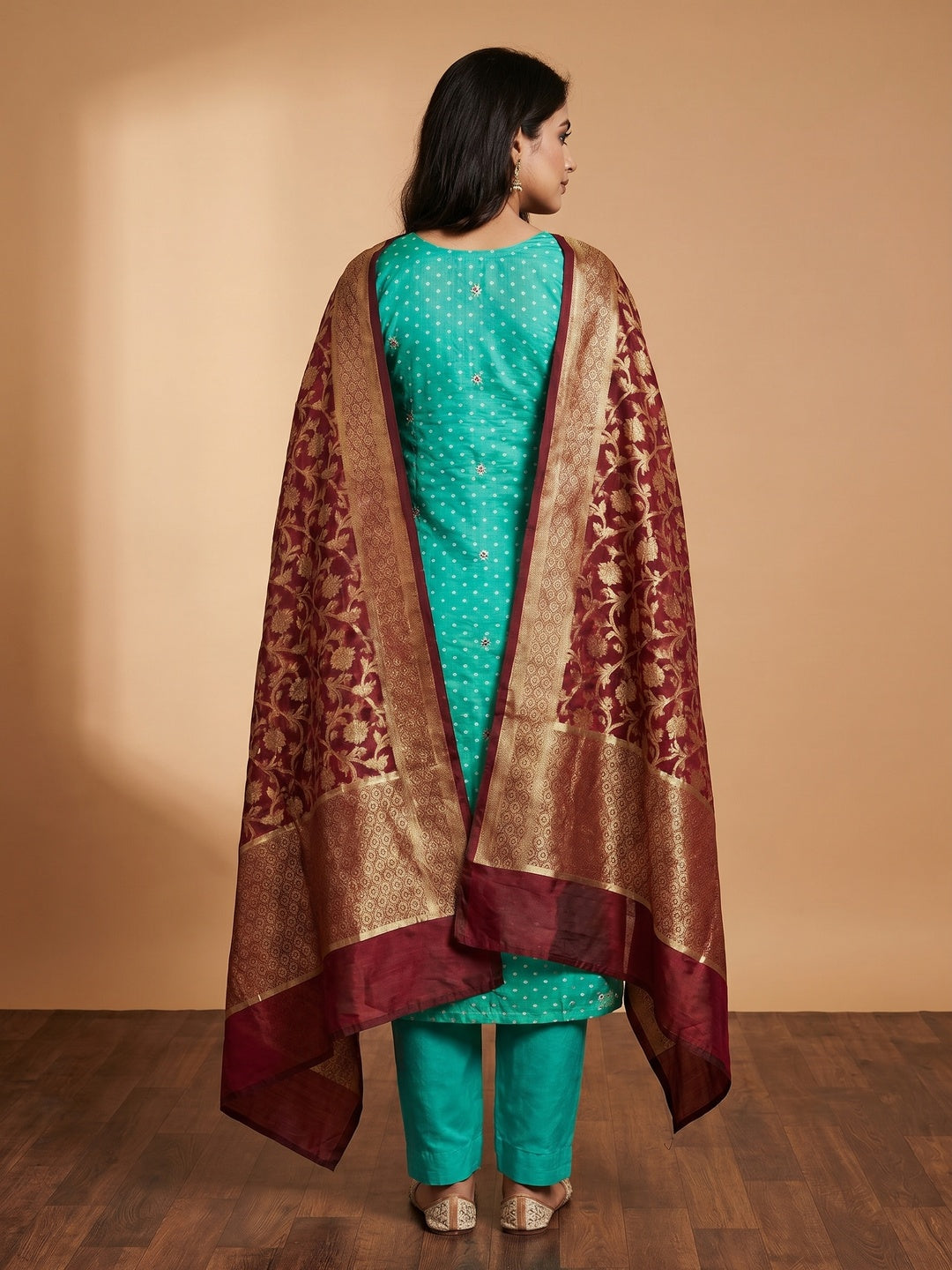 Turquoise Woven With Hand Embroidery Chanderi Dress Material - Image 3