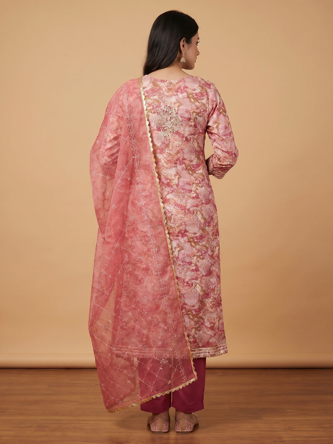 Pink Printed With Hand Embroidered Muslin Dress Material - Image 3