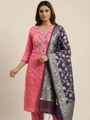 Pink Woven With Hand Embroidery Chanderi Dress Material - Image 1