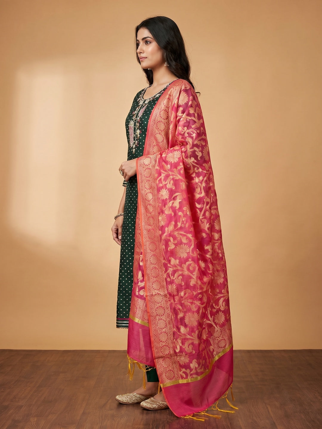 Bottle Green Woven With Hand Embroidery Chanderi Dress Material - Image 3