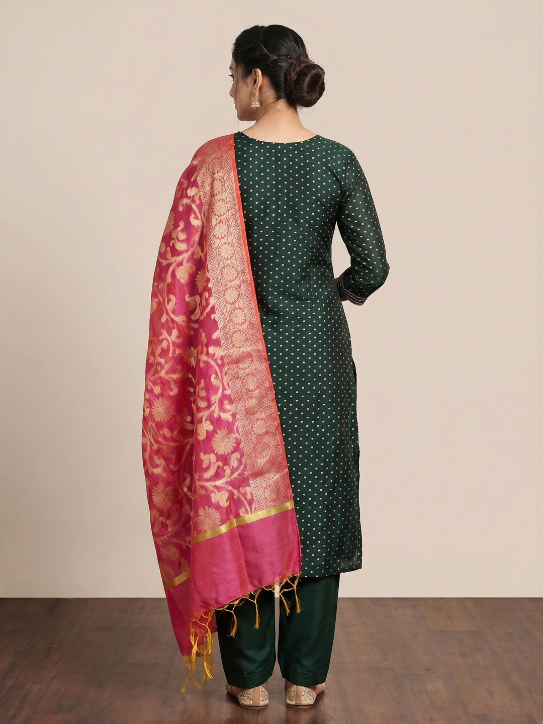 Bottle Green Woven With Hand Embroidery Chanderi Dress Material - Image 2