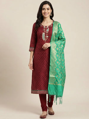 Maroon Woven With Hand Embroidery Chanderi Dress Material - Image 1