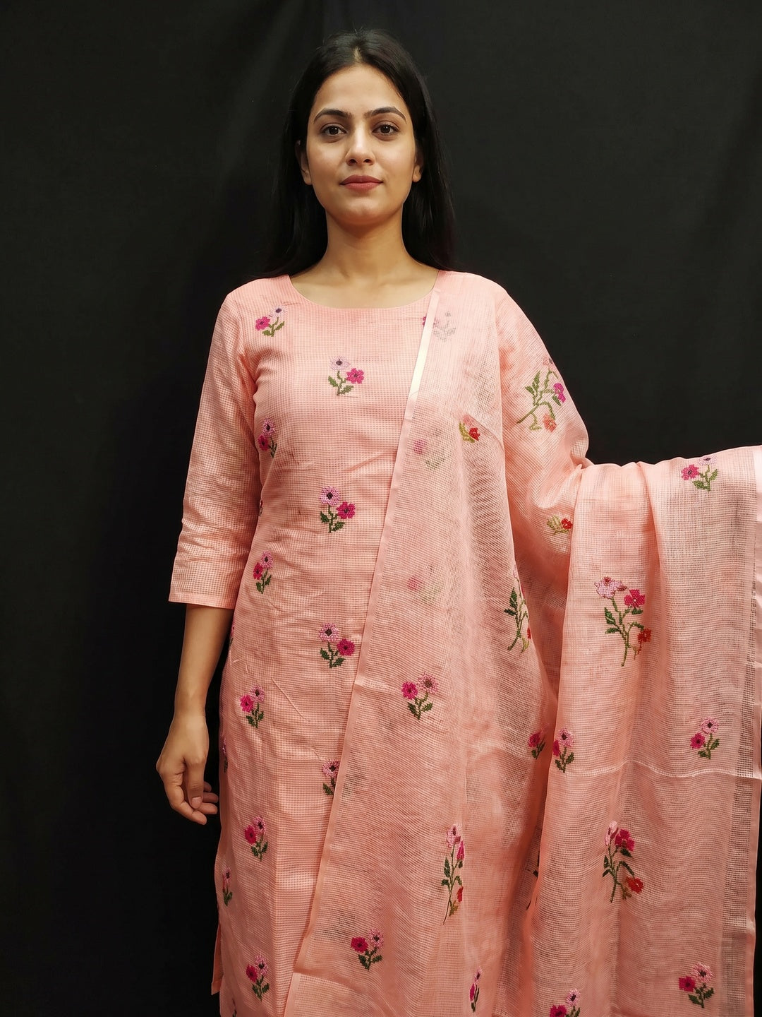 Peach Floral Embroidered Kota Doria Dress Material - Image 1