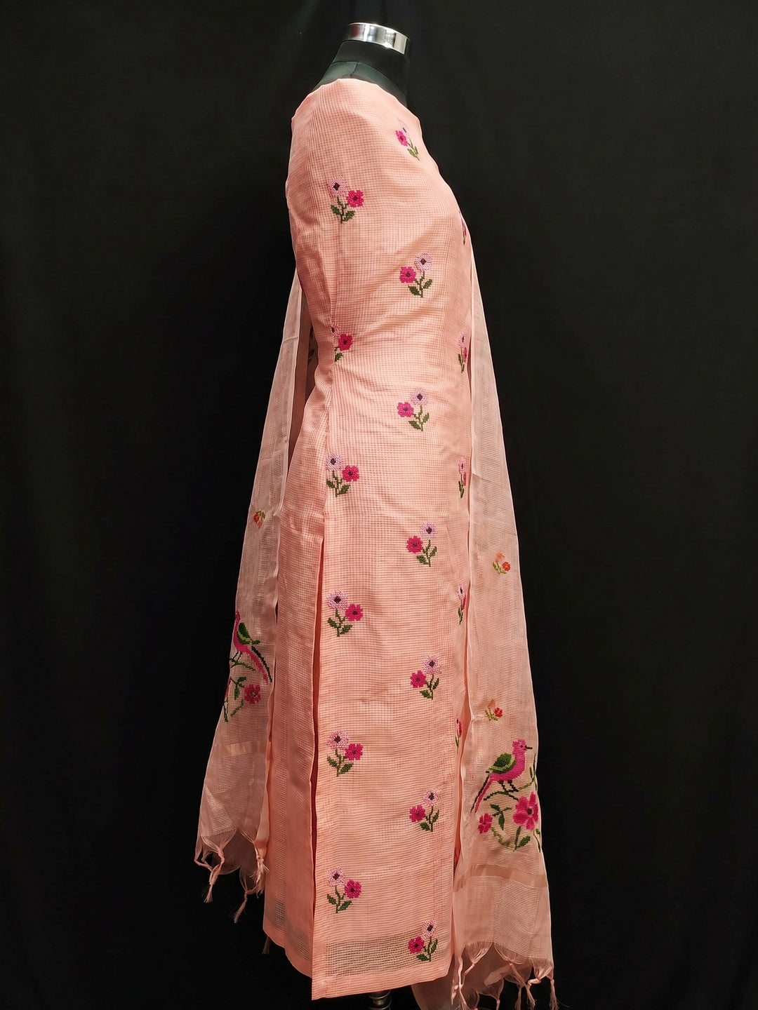 Peach Floral Embroidered Kota Doria Dress Material - Image 3