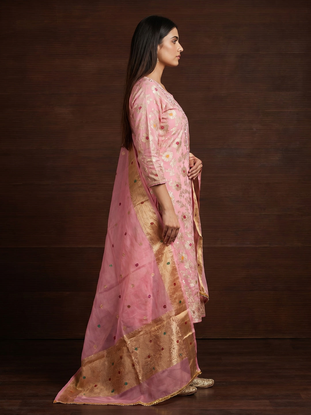 Pink Floral Woven With Hand Embroidery Muslin Dress Material - Image 3