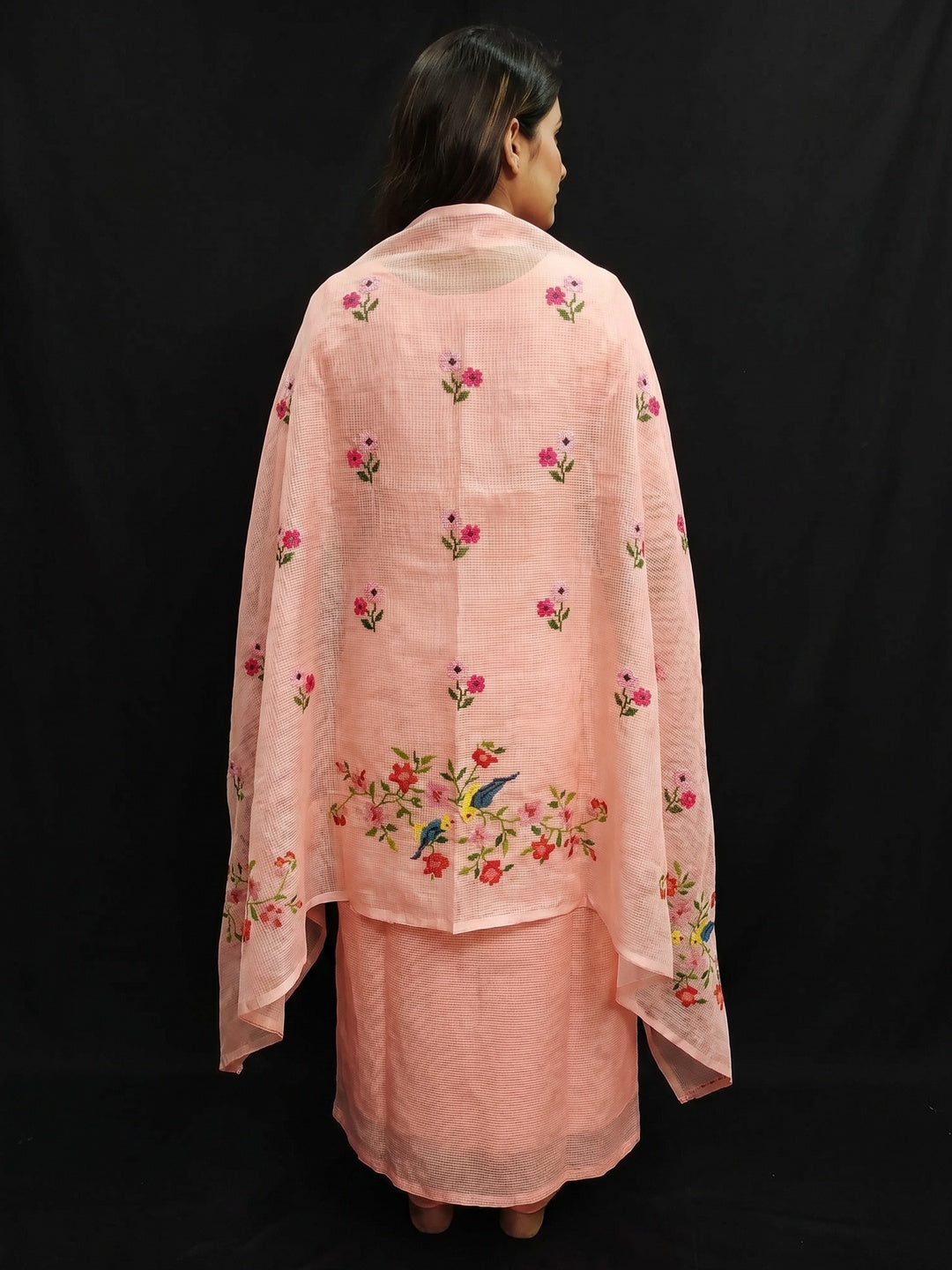 Peach Floral Embroidered Kota Doria Dress Material - Image 2
