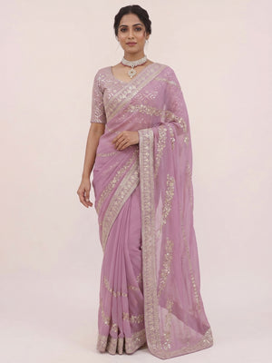 Onion Pink Sequins Embroidered Georgette Saree - Image 1