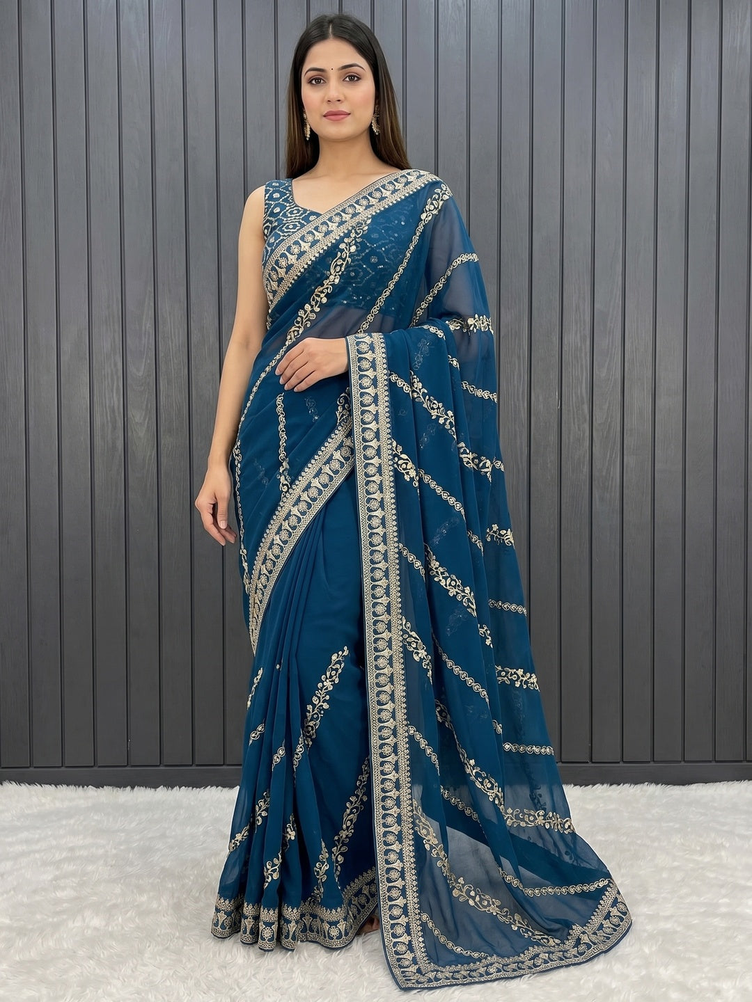 Blue Sequins Embroidered Georgette Saree - Image 1