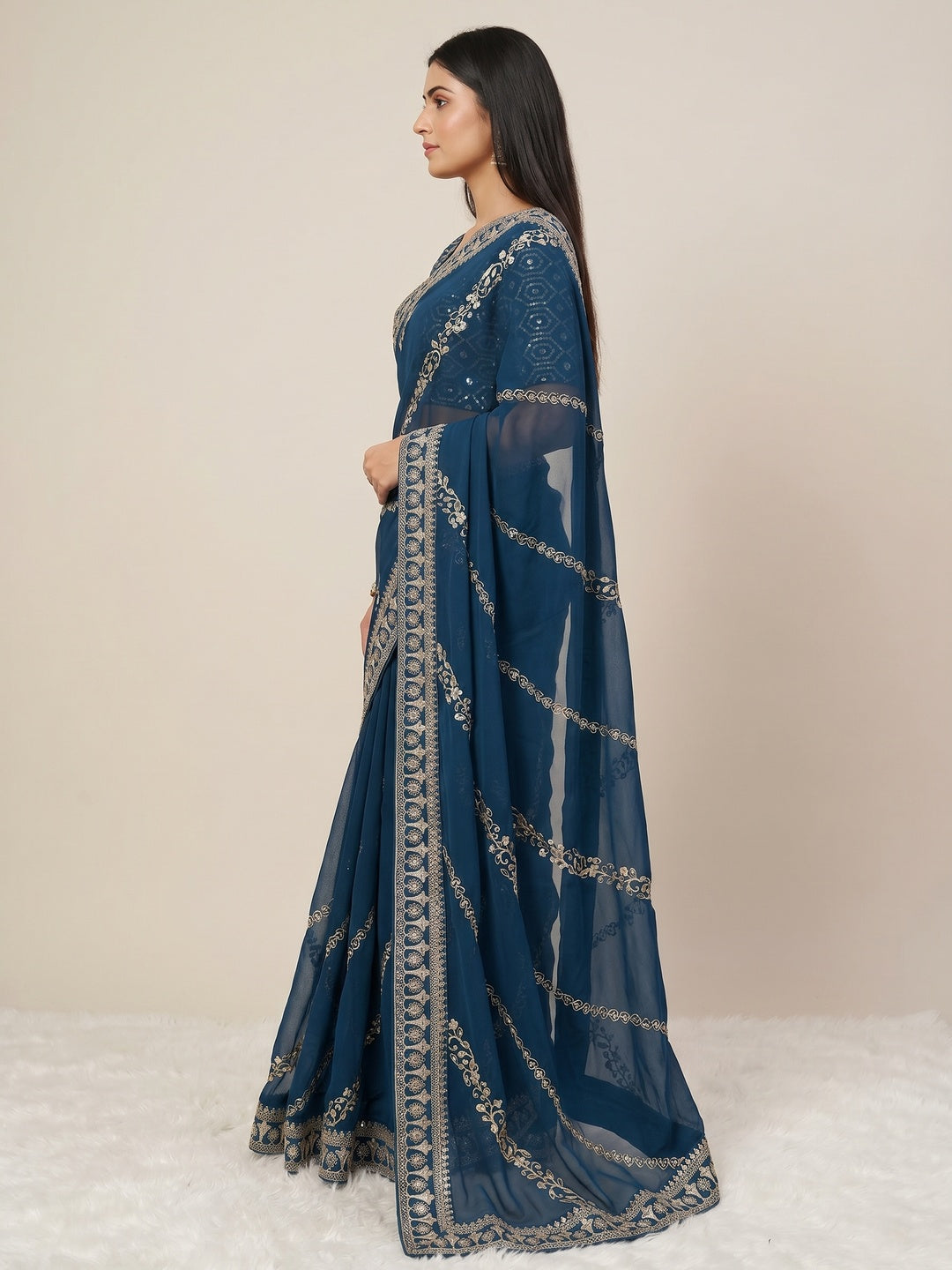 Blue Sequins Embroidered Georgette Saree - Image 2