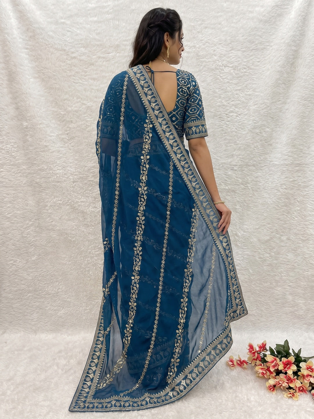 Blue Sequins Embroidered Georgette Saree - Image 3