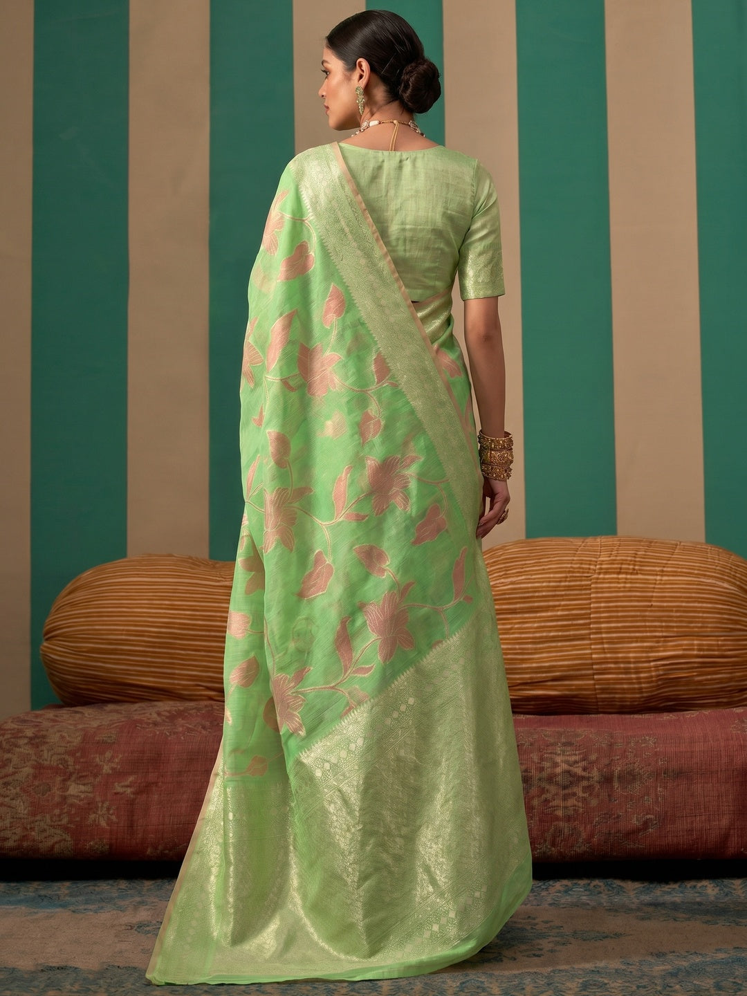 Green Floral Woven Linen Saree With Zari Work - Image 1