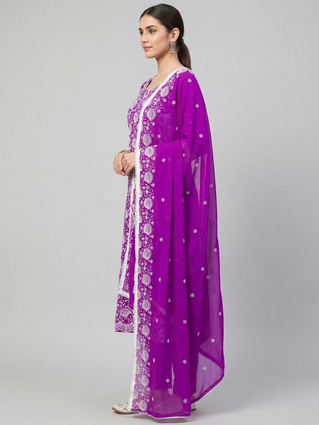 Purple Floral Embroidered Georgette Dress Material - Image 3