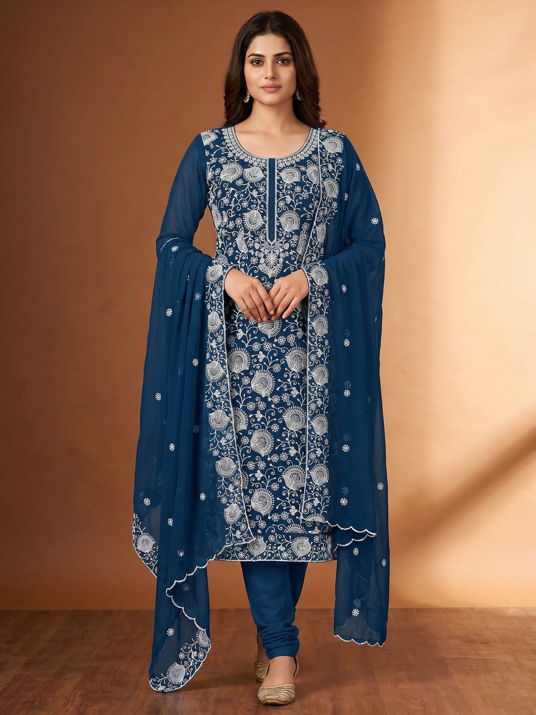 Blue Floral Embroidered Georgette Dress Material - Image 1