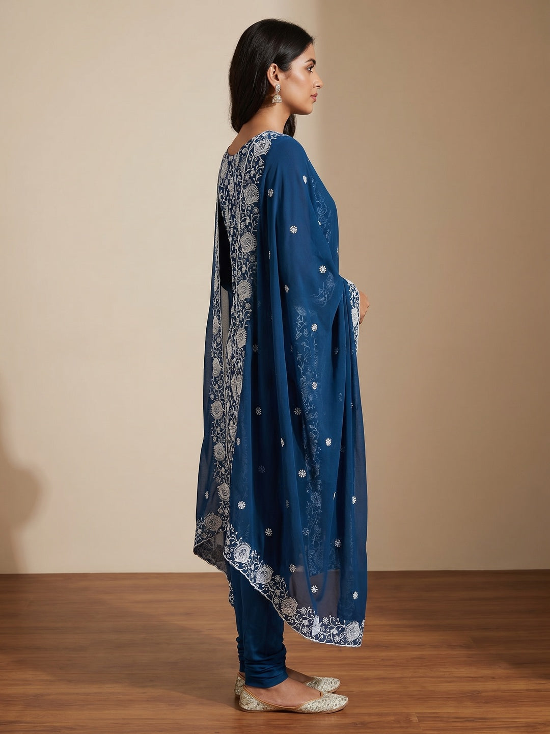 Blue Floral Embroidered Georgette Dress Material - Image 2