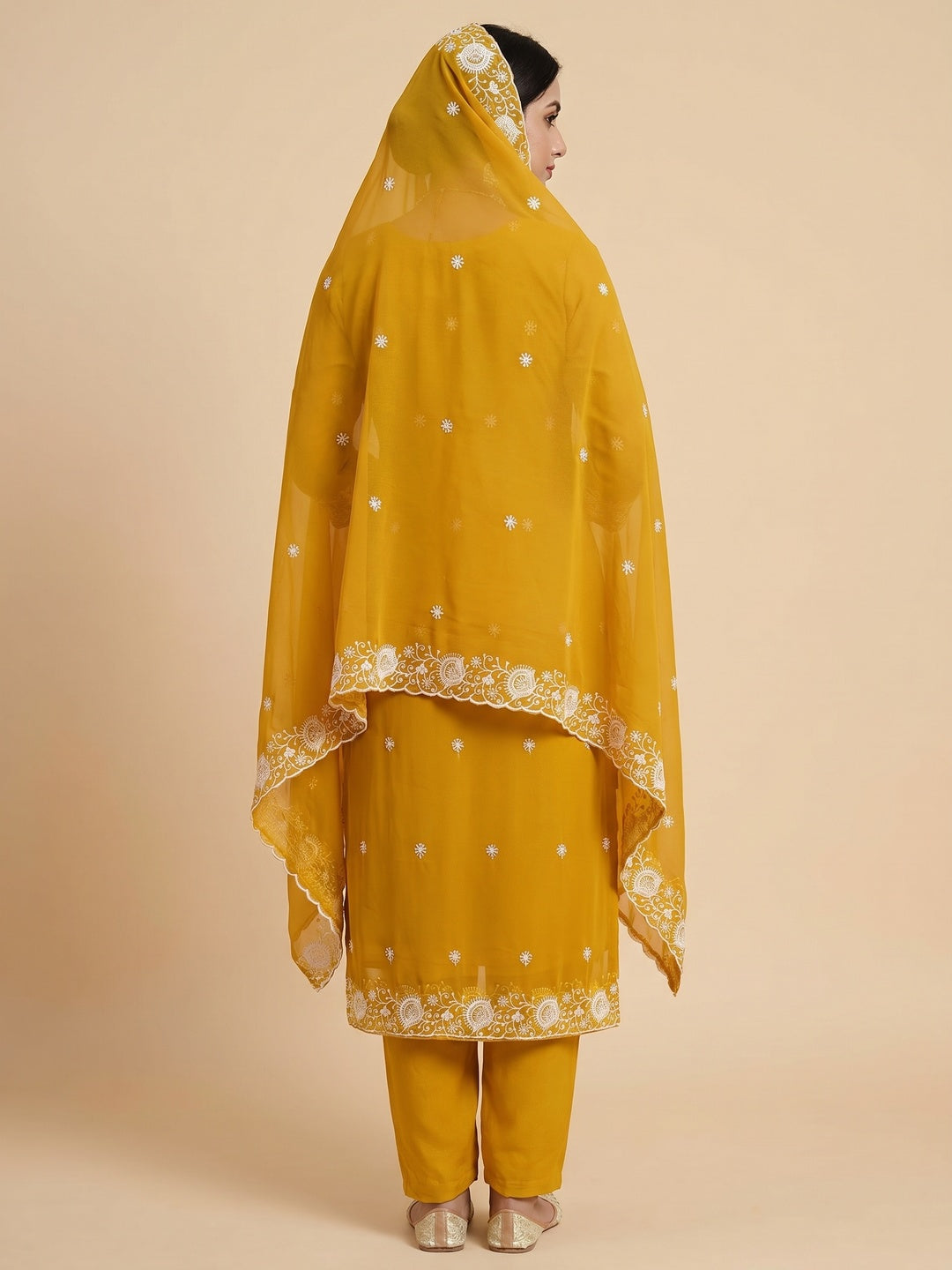 Mustard Floral Embroidered Georgette Dress Material - Image 2