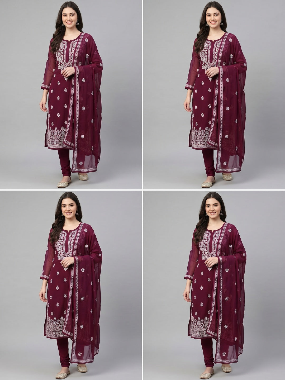 Wine Floral Embroidered Georgette Dress Material - Image 1