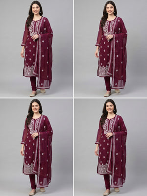 Wine Floral Embroidered Georgette Dress Material - Image 1