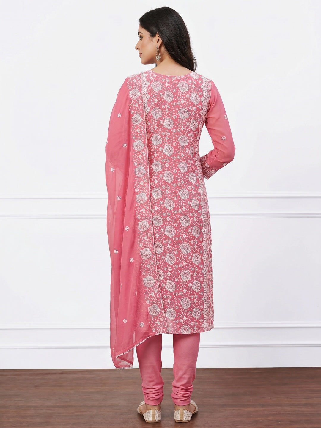 Pink Floral Embroidered Georgette Dress Material - Image 3
