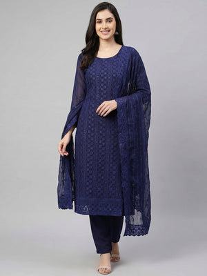 Navy Blue Floral Sequins Embroidered Georgette Dress Material - Image 1