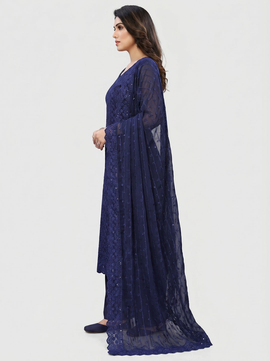 Navy Blue Floral Sequins Embroidered Georgette Dress Material - Image 2