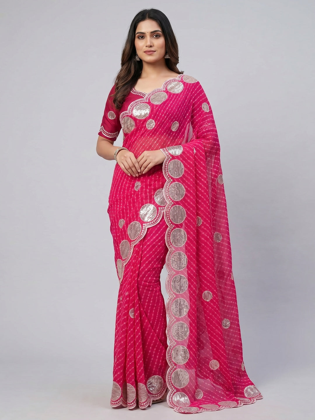 Pink Sequins Work Leheriya Printed Georgette Saree - Image 1
