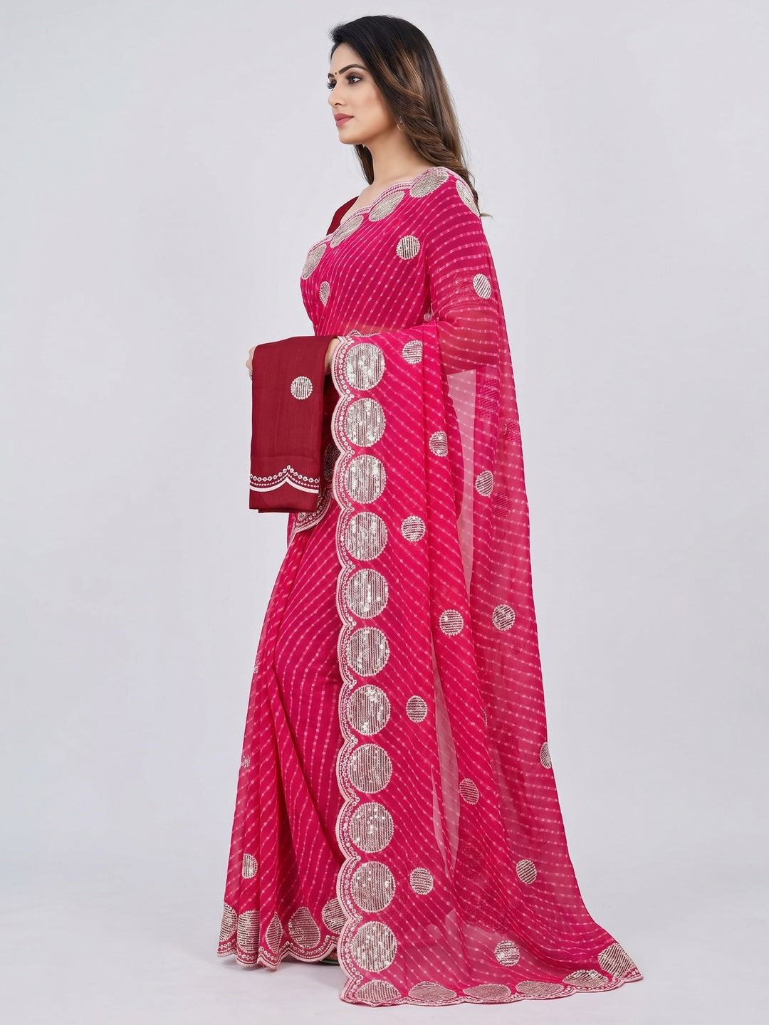 Pink Sequins Work Leheriya Printed Georgette Saree - Image 2