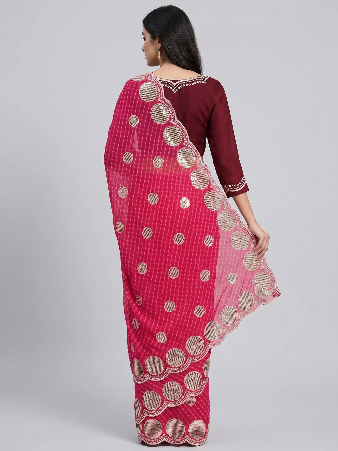 Pink Sequins Work Leheriya Printed Georgette Saree - Image 3