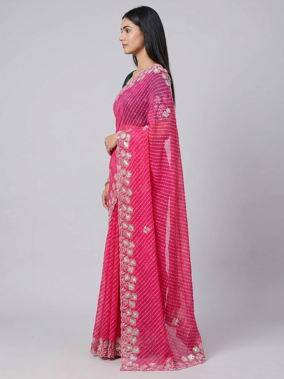 Pink Sequins Work Leheriya Printed Georgette Saree - Image 3