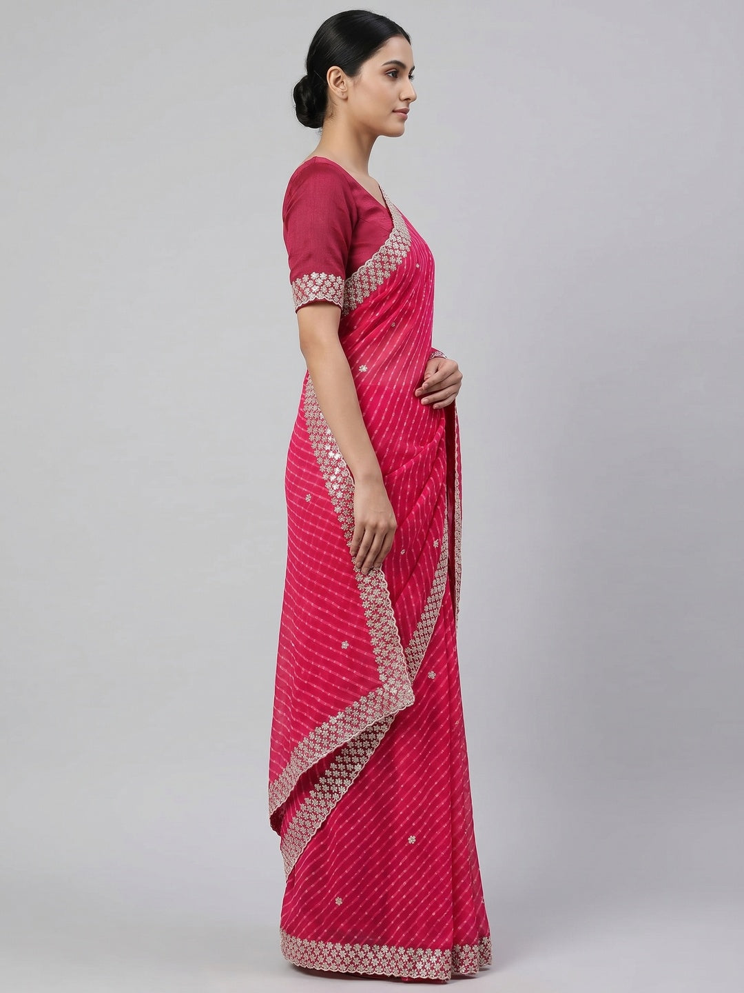 Pink Sequins Work Leheriya Printed Georgette Saree - Image 3