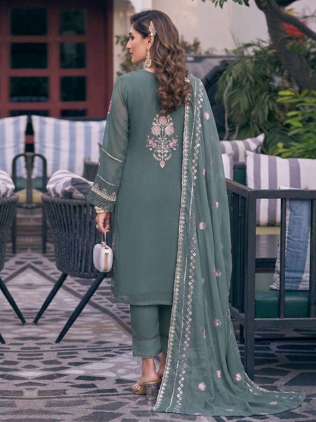 Bluish Grey Embroidered Georgette Semi-Stitched Pakistani Dress Material - Image 1