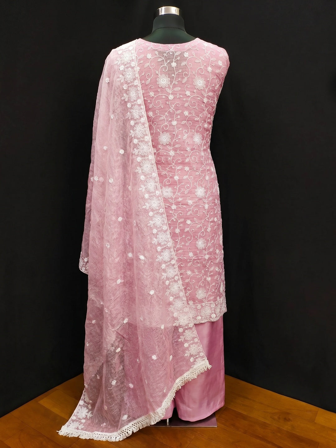 Pink Floral Embroidered Kota Doria Dress Material - Image 2
